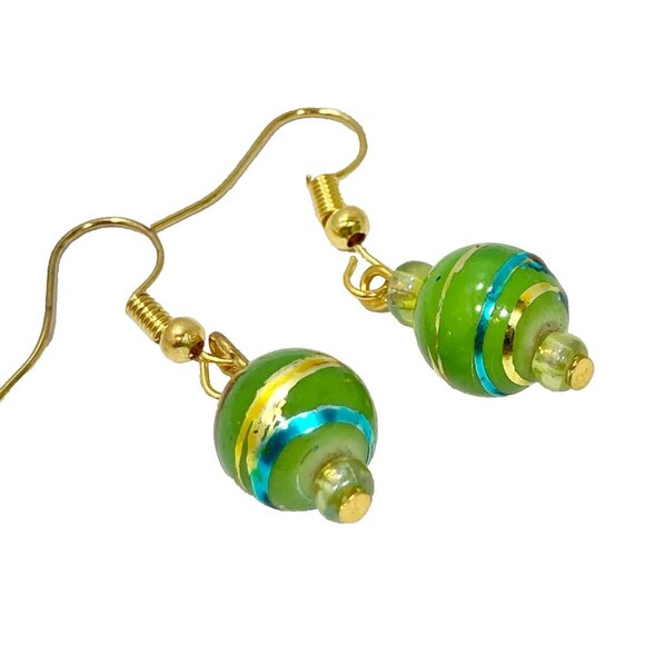 Murano Style Art Glass Bead Earrings Lime Green Blue Gold Plated Christmas Ball - Picture 4 of 7